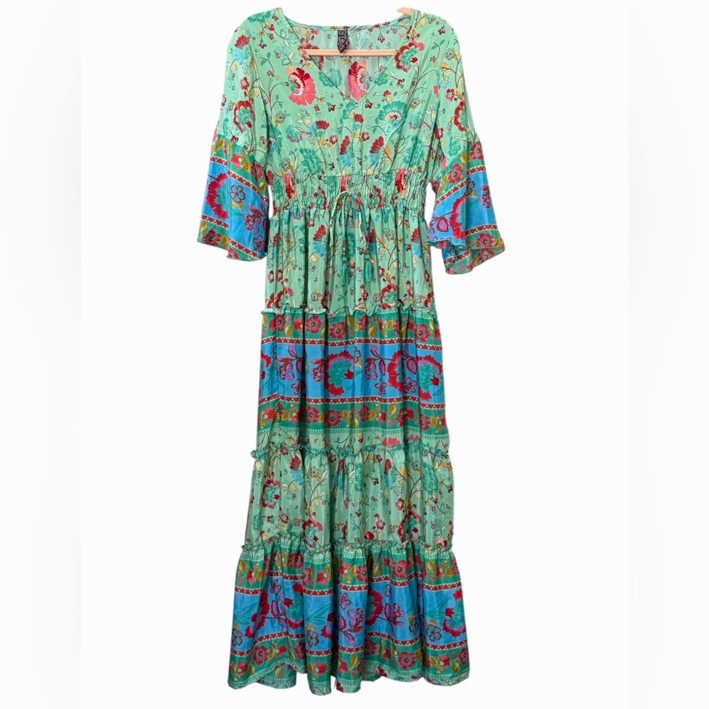Me2Magic Boho Floral Tiered Maxi Dress Mint Green Smocked Waist Small